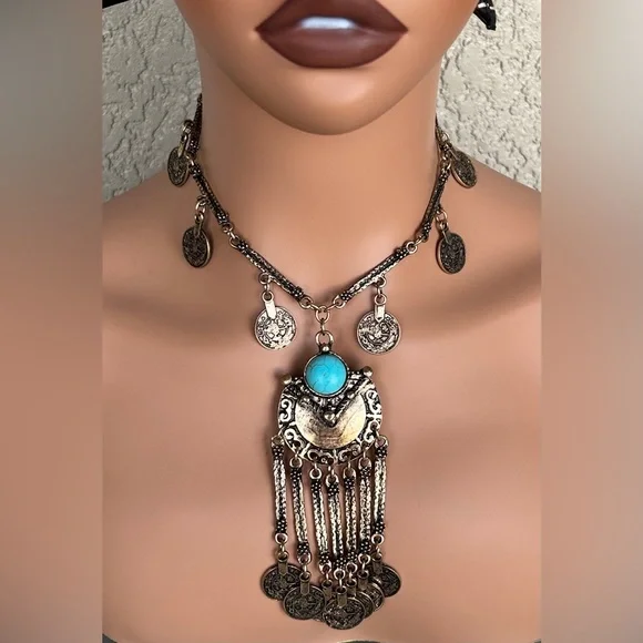 Southwestern Style Turquoise and Gold Banjar Coin Necklace Set - Picture 3 of 13